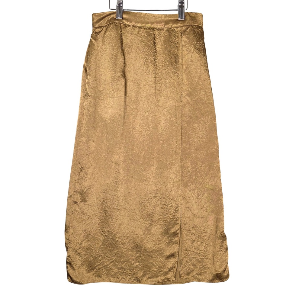 High Waisted  Elastic Waist Pencil Midi Skirt Slit Women XL Gold GOOD Cocktail